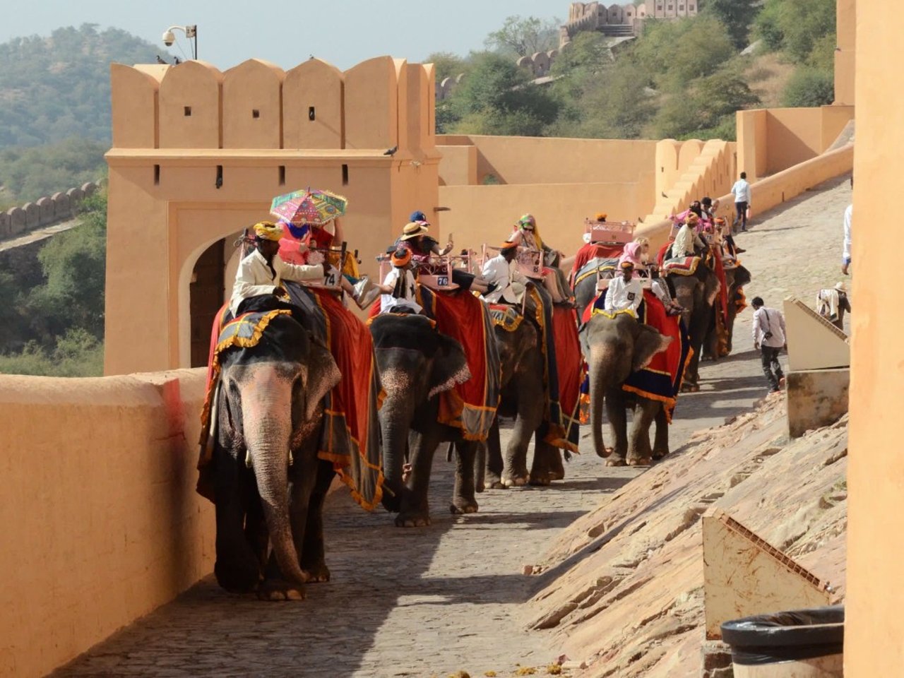 Elephants carrying tourists at Amer Fort, India