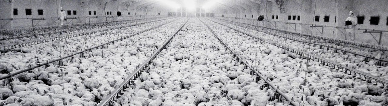 Chicken in factory farming, still image from brand video