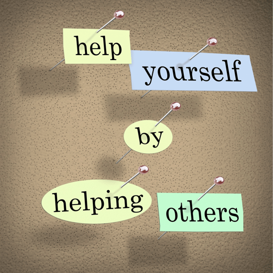 A graphic of a pinboard with the words help yourself by helping others written in pen on paper