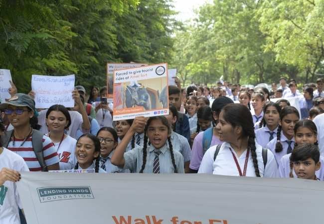 School children are walking whilst holding signs calling an end to elephant rides.