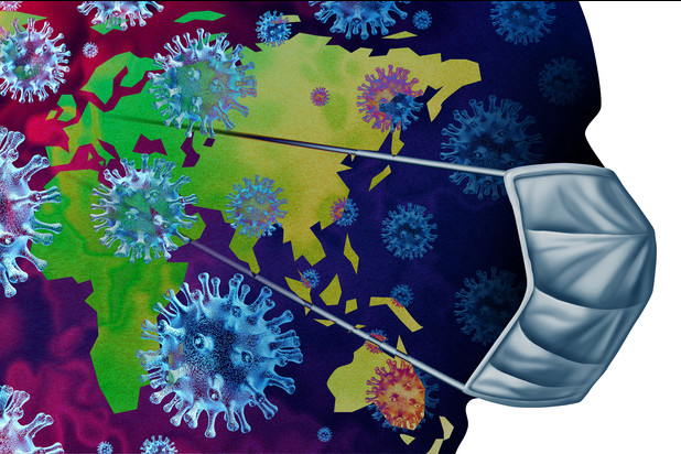 Animated image of virus cells in the shape of a face with a COVID mask on